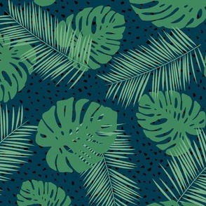 Monstera jungle rain and palm leaves - tropical hawaii island summer vibes fuchsia sage green on marine blue 