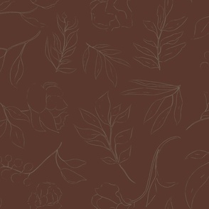 Delicate Botanical Line Art for Moody Minimalist Interior in Rusty Red Earth Tones