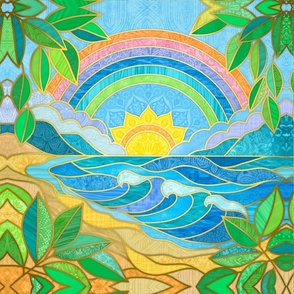 Stained Glass Rainbow Sunrise Beach 28" Quilting Square