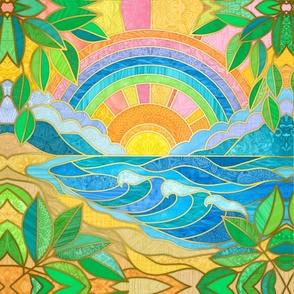 Stained Glass Rainbow Golden Sunset Beach 28" Quilting Square