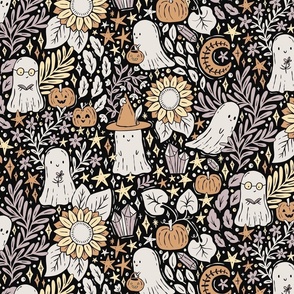 Cute and Spooky Cottage Core Ghosts - celestial stars, moon, sunflowers, pumpkins - medium