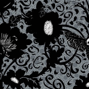 creepy black flowers, skull and moth on grey perforated lace - large scale