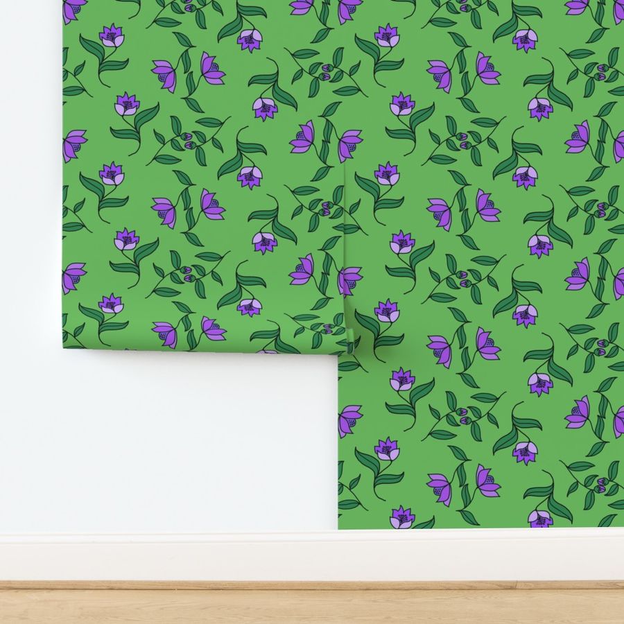 Country Dancing Flowers Purple on Green