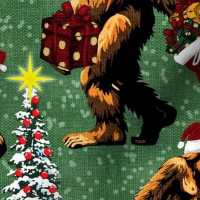 Funny Sasquatch Myth, Comic Book Bigfoot, Amusing Santa Claus, Mythical Santa Sasquatch, Gift Giving Santa, Mythical Christmas Tree Baubles, Whimsical Gift Giving Present Bags, Winter Santa Sack Presents, Crazy Sasquatch Christmas Winter Wonderland