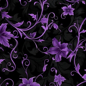 Purple Floral Vines on Black Background Damask Pattern