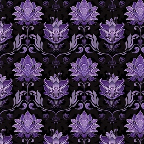 Lavender and Purple Lotus Damask on Black Background