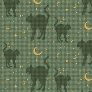 Gingham Silhouette Cat with moon and sparkling/ olive green/ yellow/squares/ plaids