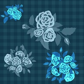 Glowing Roses on Gingham backdrop - Dark Slate Blue/ blue grey/light sky blue/ocean blue/squares/stripes