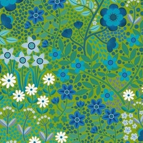 Summer Flower Garden - Blue and white on green -medium scale by Cecca Designs