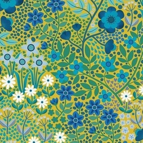 Summer Flower Garden - Blue and teal on mustard - medium scale by Cecca Designs