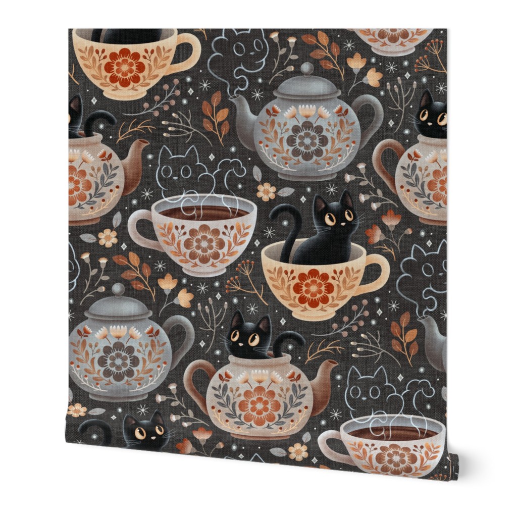 Teatime with Felines in Folk Flora - earth tones