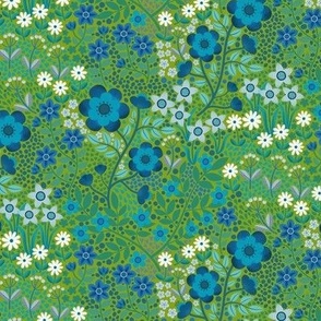 Summer Flower Garden - Blue and white on green - small scale by Cecca Designs