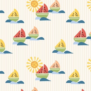 M - Cute Sunny Tropical Nautical Yellow, Red, Pink Watermelon Sail boats on Khaki stripes