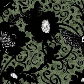 creepy black flowers, skull and moth on green perforated lace - large scale