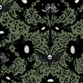 creepy black flowers, skull and moth on green perforated lace - medium scale