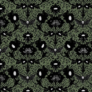 creepy black flowers, skull and moth on green perforated lace - small scale