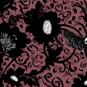 creepy black flowers, skull and moth on burgundy red perforated lace - large scale