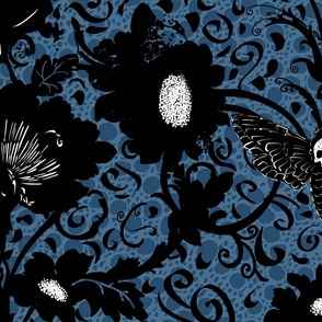 creepy black flowers, skull and moth on azure blue perforated lace - large scale