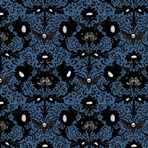 creepy black flowers, skull and moth on azure blue perforated lace - small scale