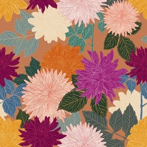 Dahlia Blossom Garden, White, Pink, Burgundy, Orange and Golden Dahlias On Tan, L