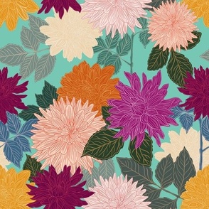 Dahlia Blossom Garden, White, Pink, Burgundy, Orange and Golden Dahlias On Light Teal, L