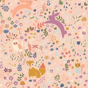 Large Woodland Animals in peachy pink background | Cottagecore Critters | Earthy Tones | Pastoral Chic