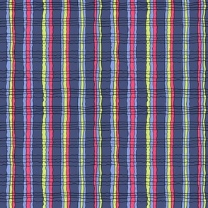 Small scale multicolour rainbow plaid with dark periwinkle blue, neon zesty lime green and hot cherry pink with black accents, for kids uni six apparel, Home decor and fashion accessories
