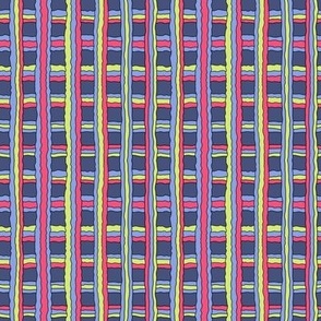 Small scale rainbow colored, organic irregular wonky plaid in neon lime green, bright pink and periwinkle blue for sweet neutral children, apparel, home decor and fashion accessories