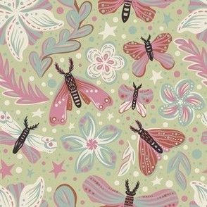 Butterflies and flowers with twigs. Pink and green