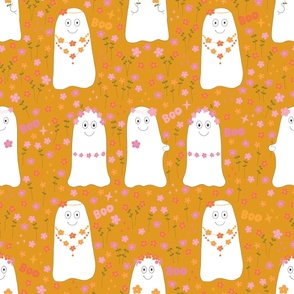 Large - Cute Ghosts with Flowers - CottageCore Halloween on Dark Yellow