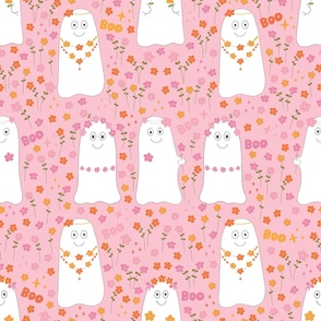 Large - Cute Ghosts with Flowers - CottageCore Halloween on Pale Pink