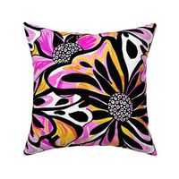 Bold Daisy Petals Outlined In Black Ink Against Vibrant Pink And Orange Hues Seamless Pattern