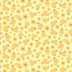 Baby chicks and flowers ditsy - soft yellow and orange