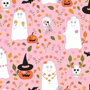 Large - Ghosts in the Garden - Cottage Core Halloween on Pale Pink