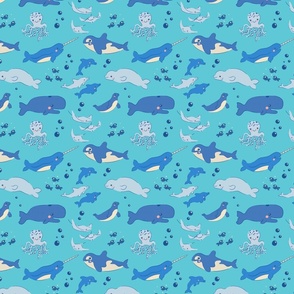 Swimming Sea Life - Whales + Octopus + Fish - Blue