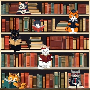 18" Cats Reading Books Illustration Pattern | Cat Art | Vintage Illustration