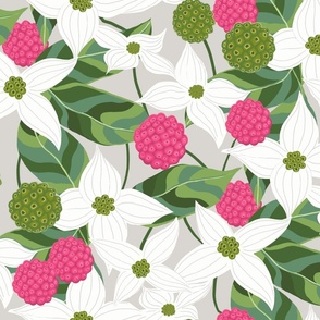 DOGWOOD BLOOMS AND BERRIES -Light-Grey LARGE