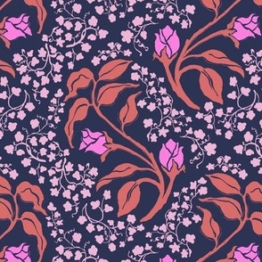 Linocut Style Roses With Pink Botanicals  On Navy Blue Background In Geometric Repeat Pattern - 003