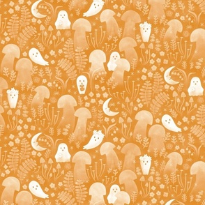 Cottagecore Halloween Ghosts in Enchanted Forest on Pumpkin Orange