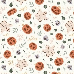 Whimsical Cottagecore Halloween Jack O' Lanterns, Ghosts, and Skulls with Leaves and Vines - Small Scale - Cream, Orange, Green, Pink, Yellow - Multidirectional Tossed Pattern for Sewing and Quilting Projects