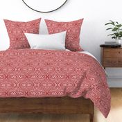 large - Indian style wide ogee curvy lines with dots - scarlet smile red on tea rose pink