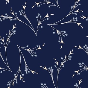 Art Nnouveau branches with tiny flower buds and leaves in indigo blue 