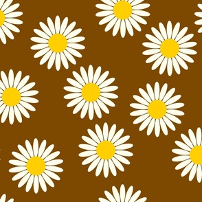 (L) Groovy blooms, boho  1970s retro vintage flower power  ivory daisies  on chocolate brown