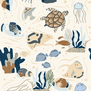 Large_Crustacean ocean life with sea turtles, fish, coral, and soothing pastel colors