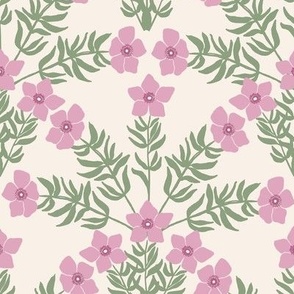 Floral Art Nouveau Scallop / pink flowers, green leaves on cream off-white