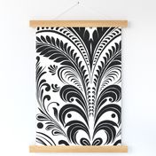 Elegant Damask Petals Seamless Pattern in Black on White - Large Scale