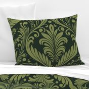 Elegant Damask Petals Seamless Pattern in Moss Green - Large Scale