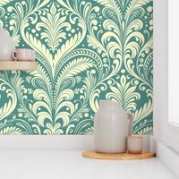 Elegant Damask Petals Seamless Pattern in Dark Aquamarine - Large Scale