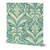 Elegant Damask Petals Seamless Pattern in Dark Aquamarine - Large Scale