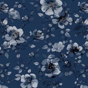 romantic dog rose vine patternin shades of dark navy blue on linen texture - medium scale